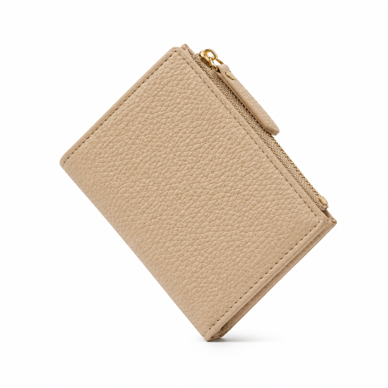 Beige Pebbled Compact Wallet With Zipper-3
