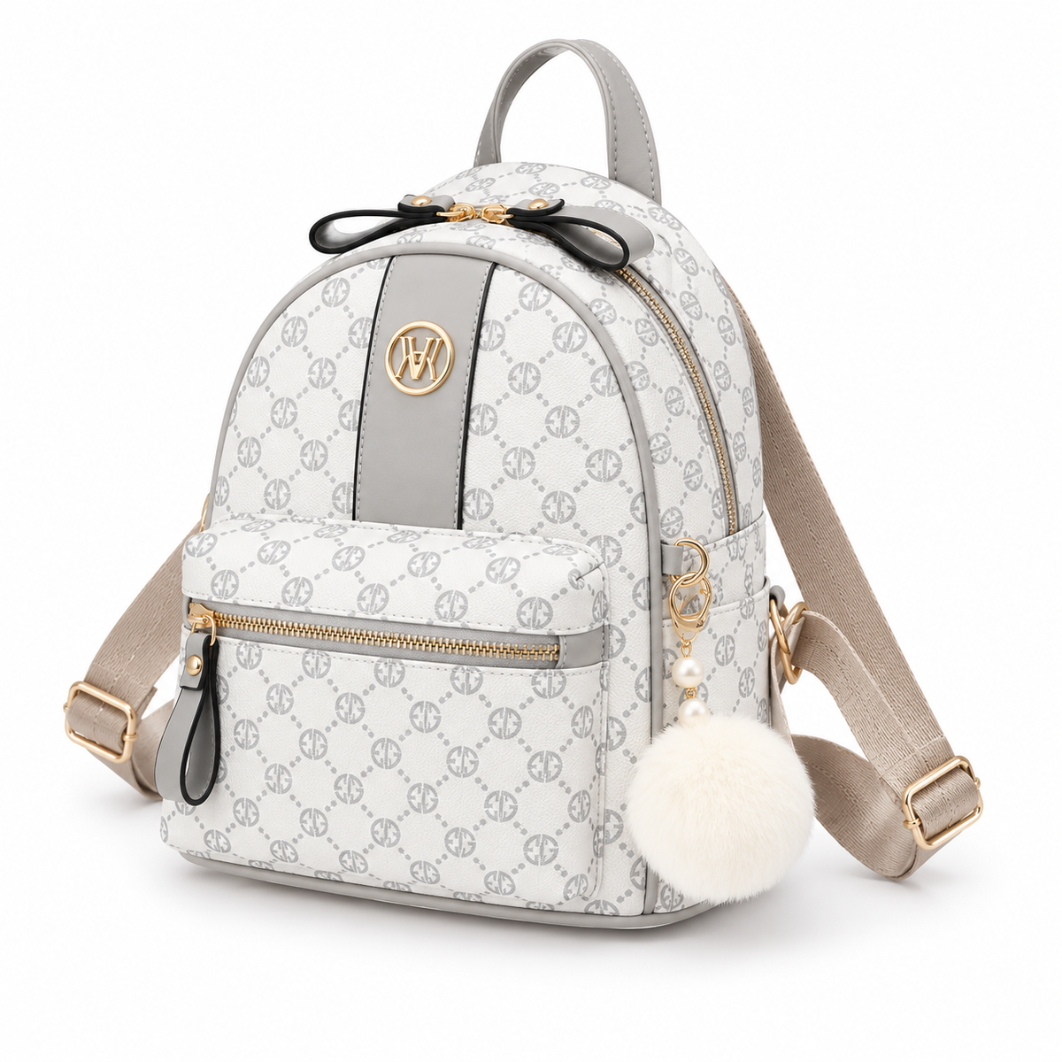 Elegant White Monogram Backpack With PomPom-3