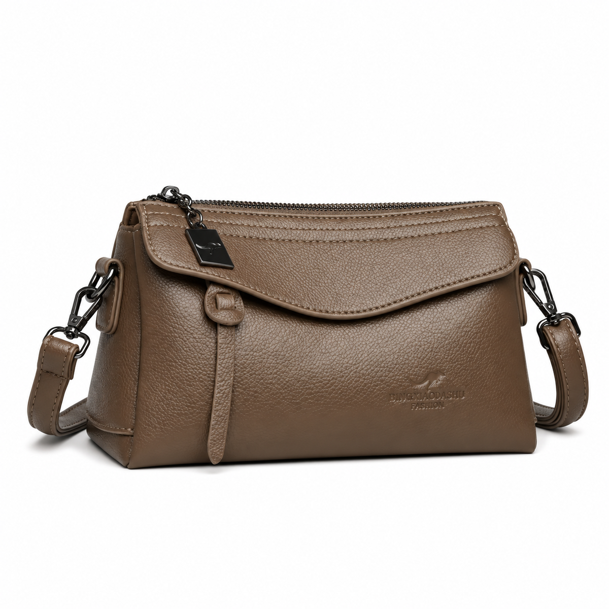 Khaki Pebbled Leather Crossbody Shoulder Bag-1