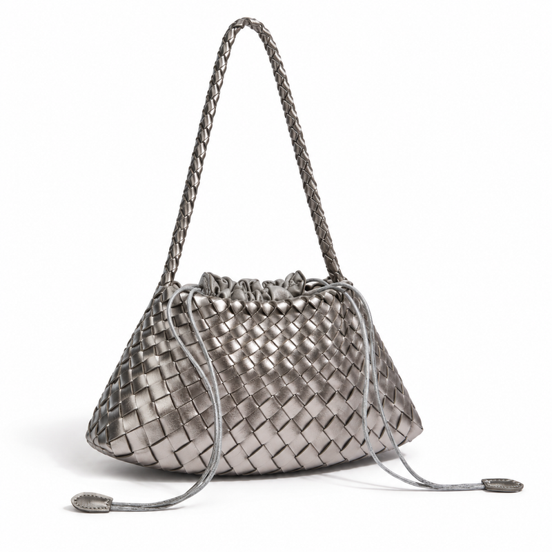 Metallic Silver Woven Drawstring Shoulder Bag-1