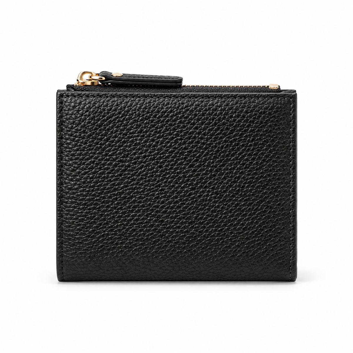 Black Pebbled Compact Wallet With Zipper-2