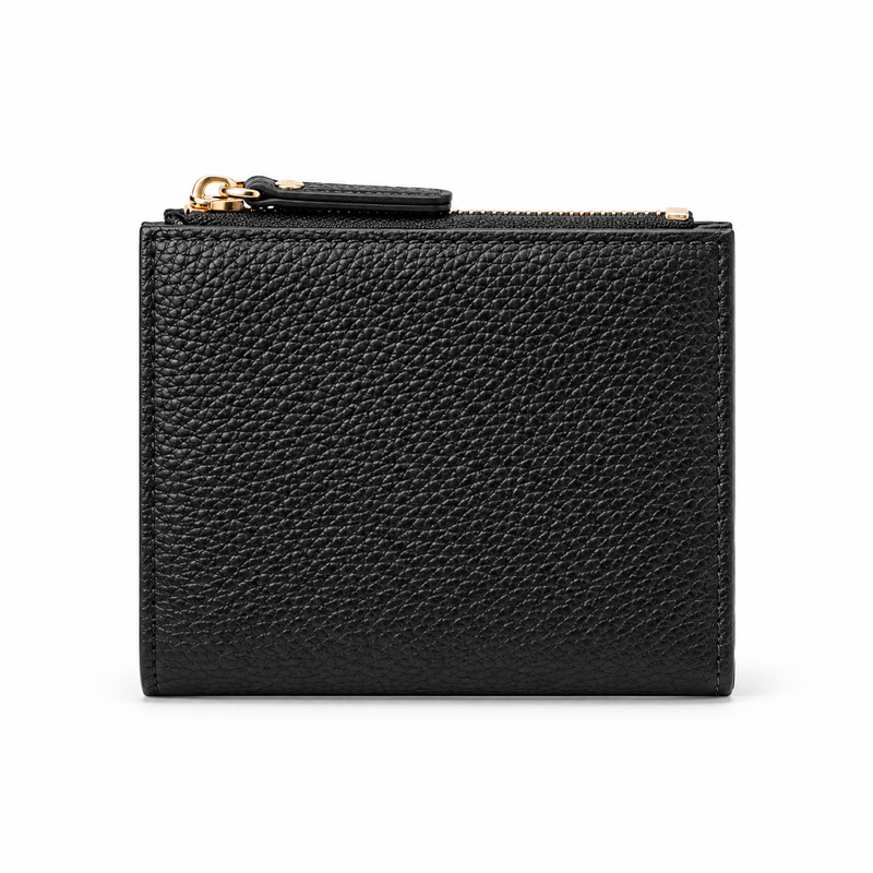Black Pebbled Compact Wallet With Zipper-2