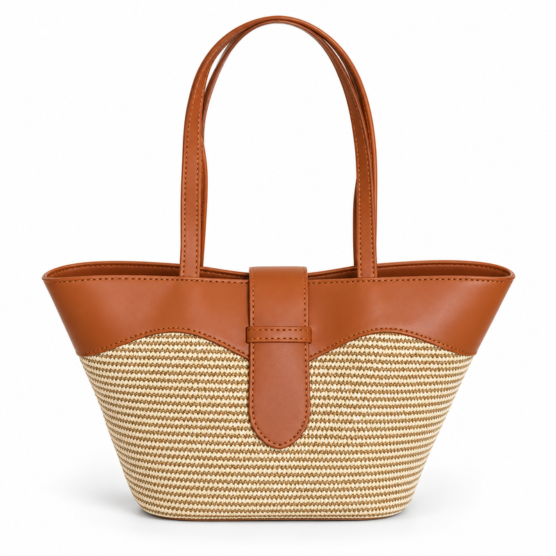 Elegant Beige Woven Brown Trim Tote-4