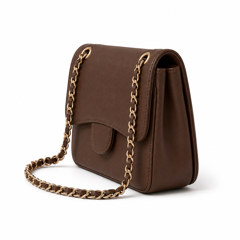 Chocolate Brown Chain Strap Flap Shoulder Bag-3