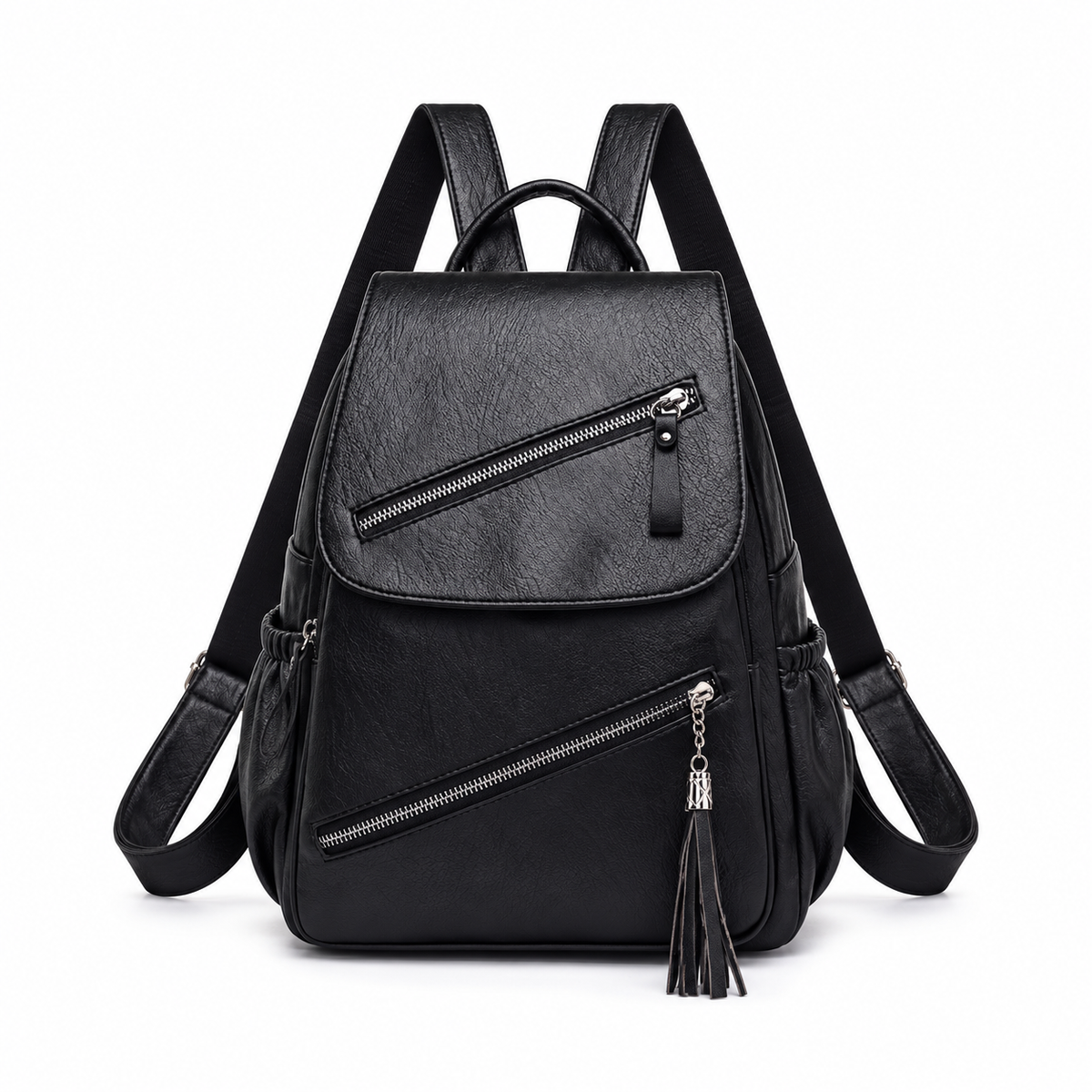 Black Textured Backpack With Tassel Detail-2