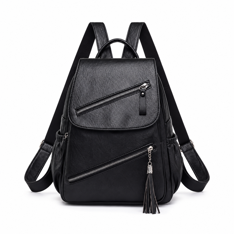 Black Textured Backpack With Tassel Detail-2