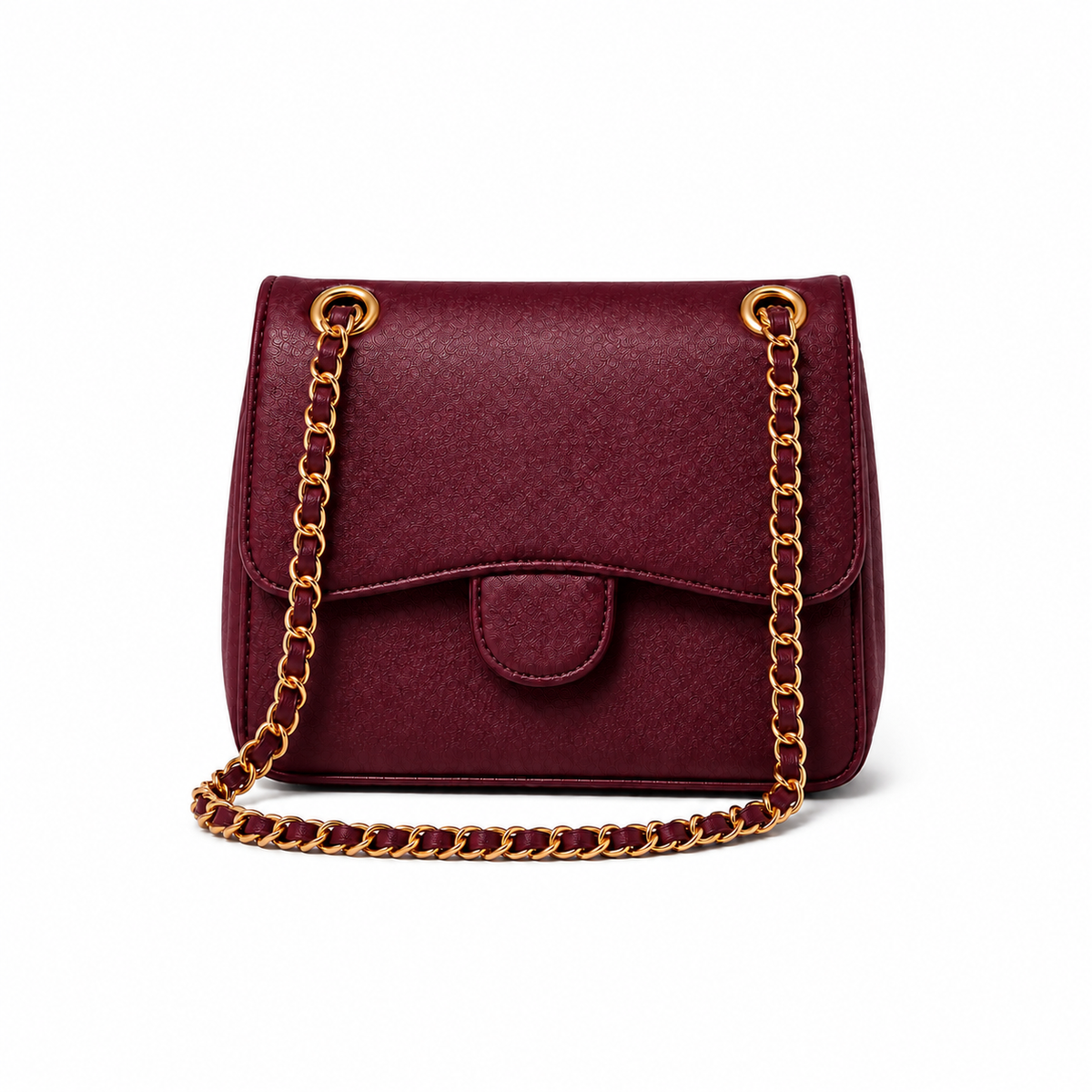 Burgundy Textured Chain Strap Shoulder Bag-4