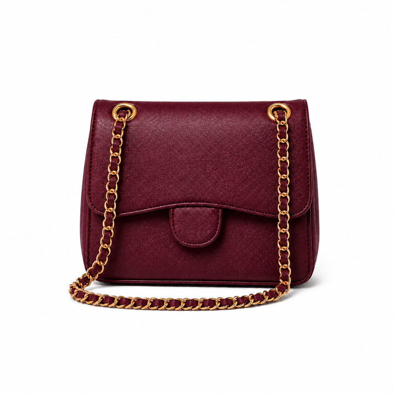 Burgundy Textured Chain Strap Shoulder Bag-4