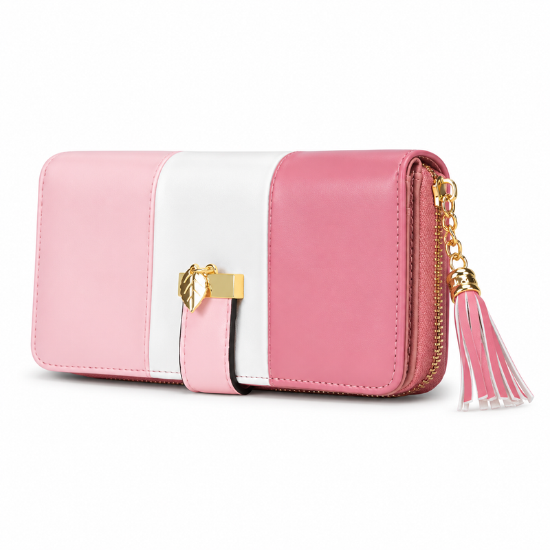 Pink White Color Block Tassel Wallet-2