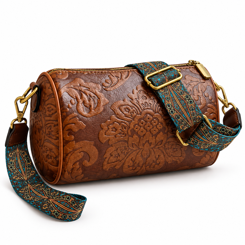 Brown Floral Embossed Barrel Vintage Crossbody Bag-4