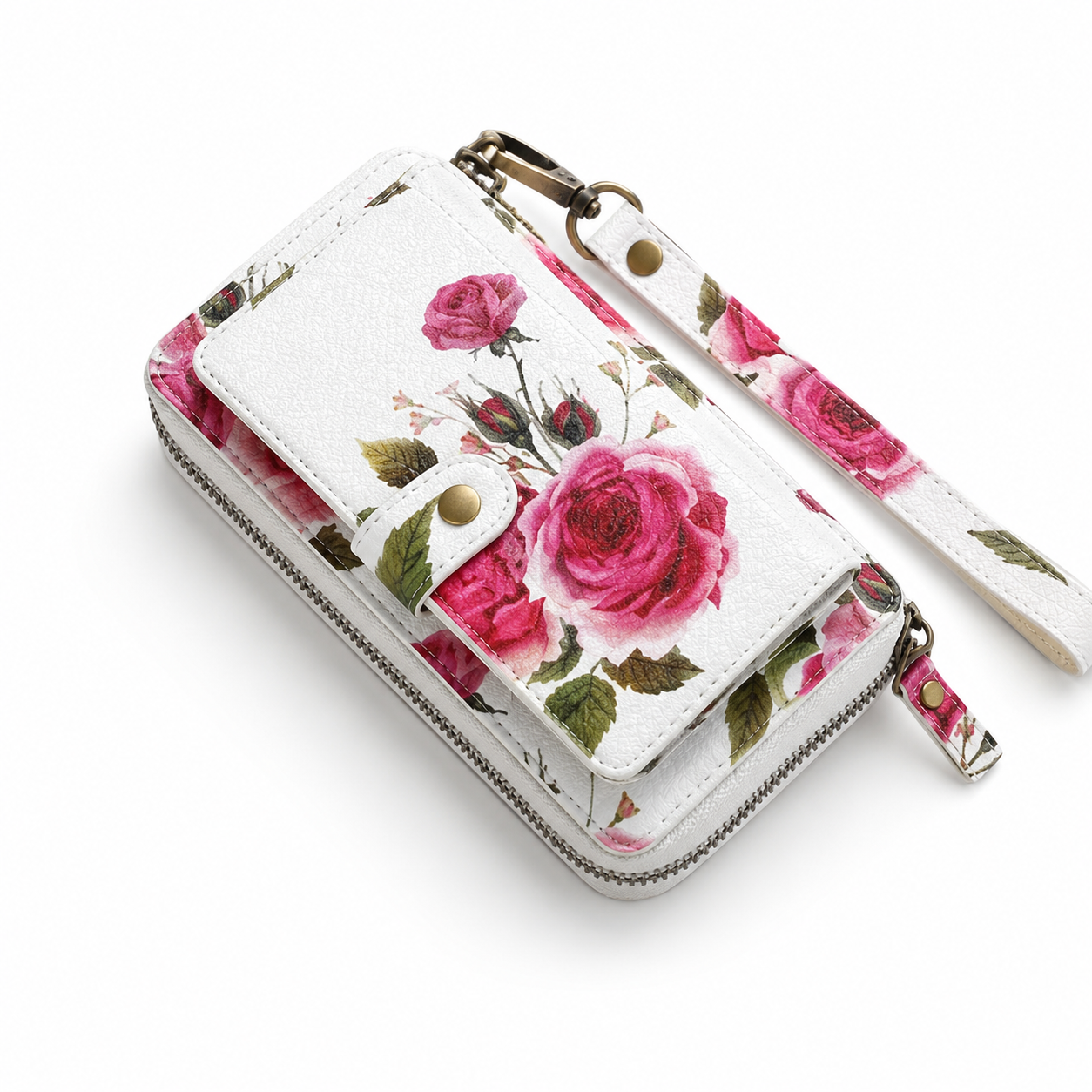 Pink Rose Floral Zip-Around Wristlet Wallet-3
