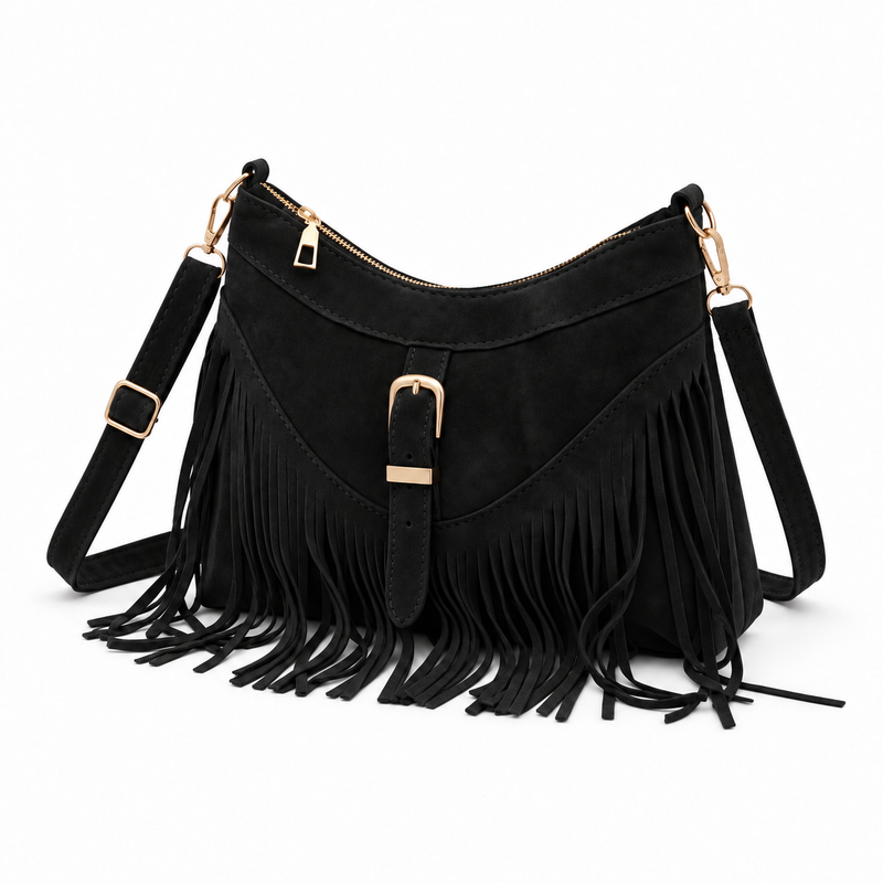 Vintage Black Fringe Buckle Detail Shoulder Bag-4