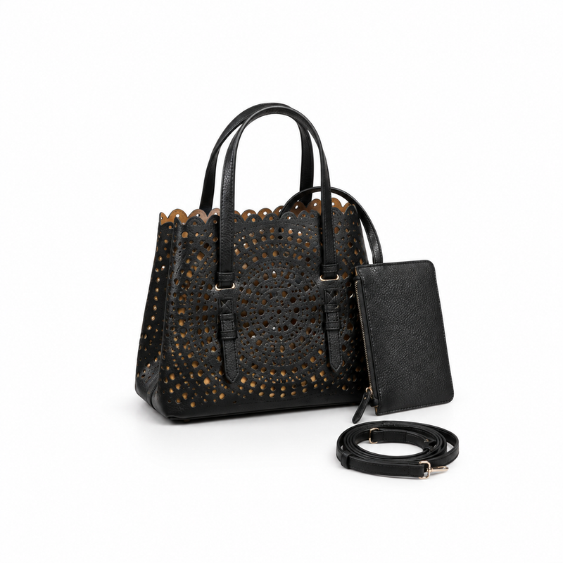 Elegant Black Laser Cut Tote Handbag-3