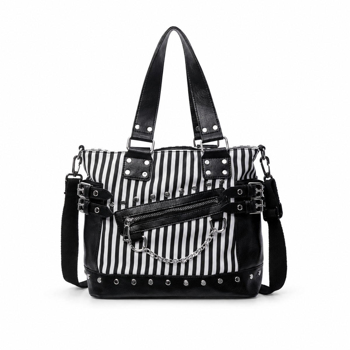 Striped Studded Punk Tote Shoulder Bag-2