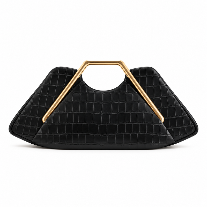 Black Leather Gold Handle Evening Clutch-2