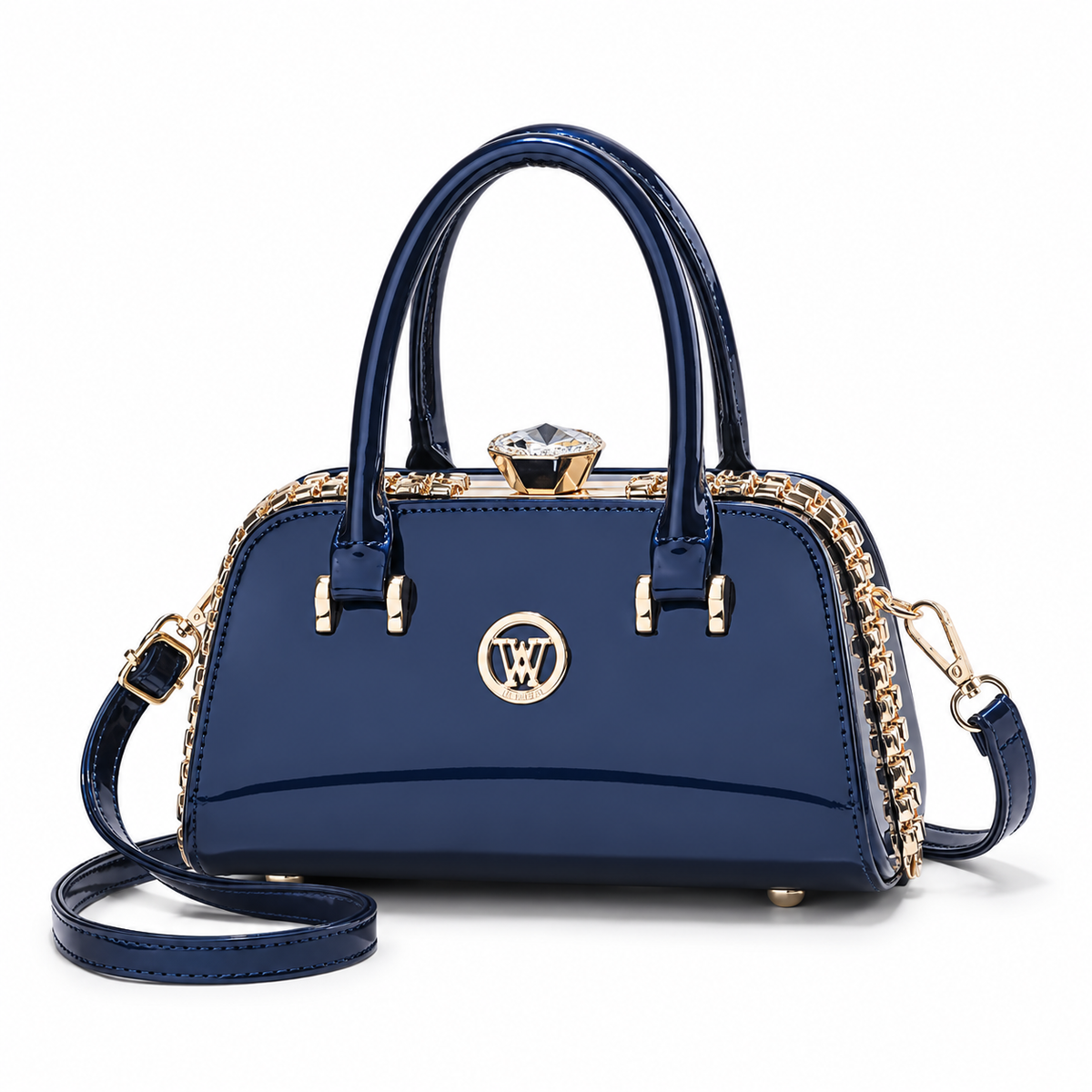 Navy Blue Glossy Crystal Clasp Handbag-3