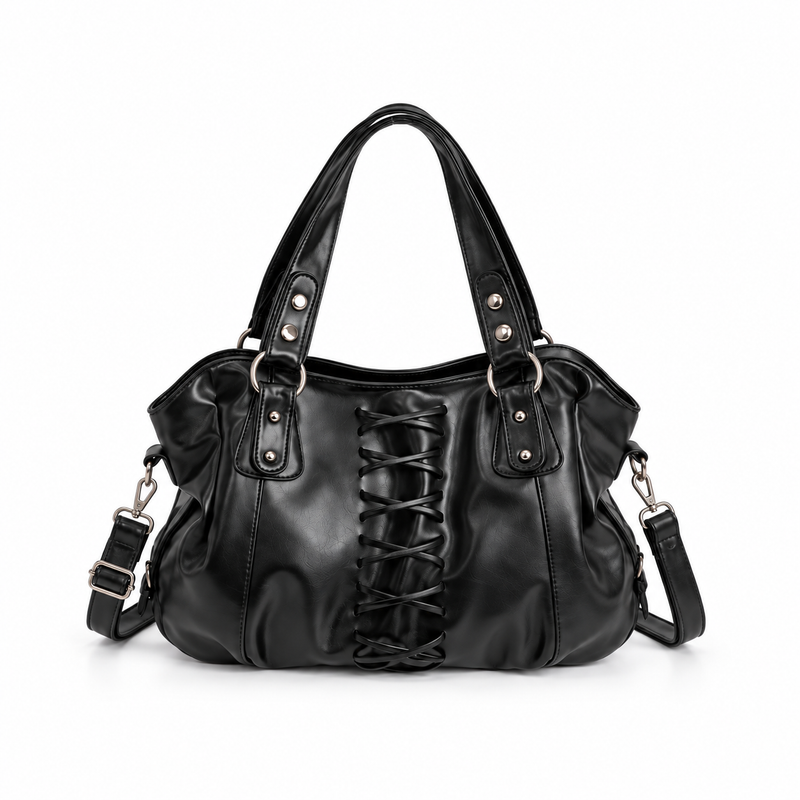 Black Lace-Up Ruched Shoulder Tote Bag-2