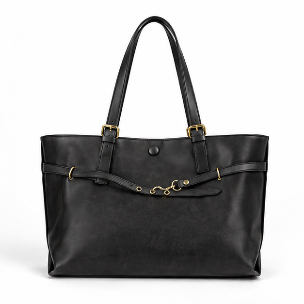 Elegant Black Buckle Detail Tote Bag-4