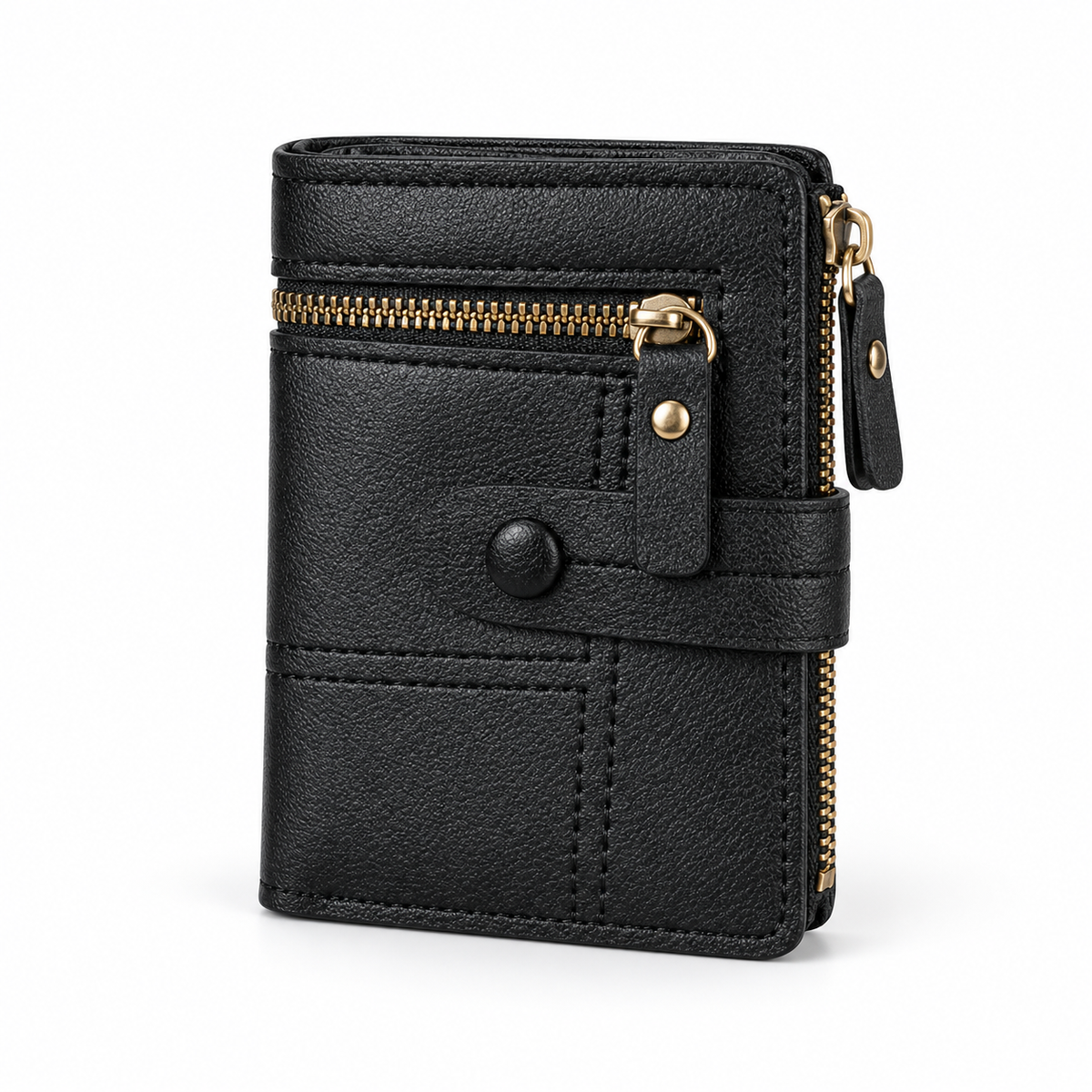 Classic Black Bifold Wallet With Zippers-2