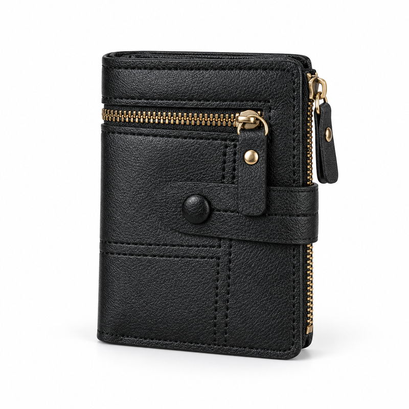 Classic Black Bifold Wallet With Zippers-2