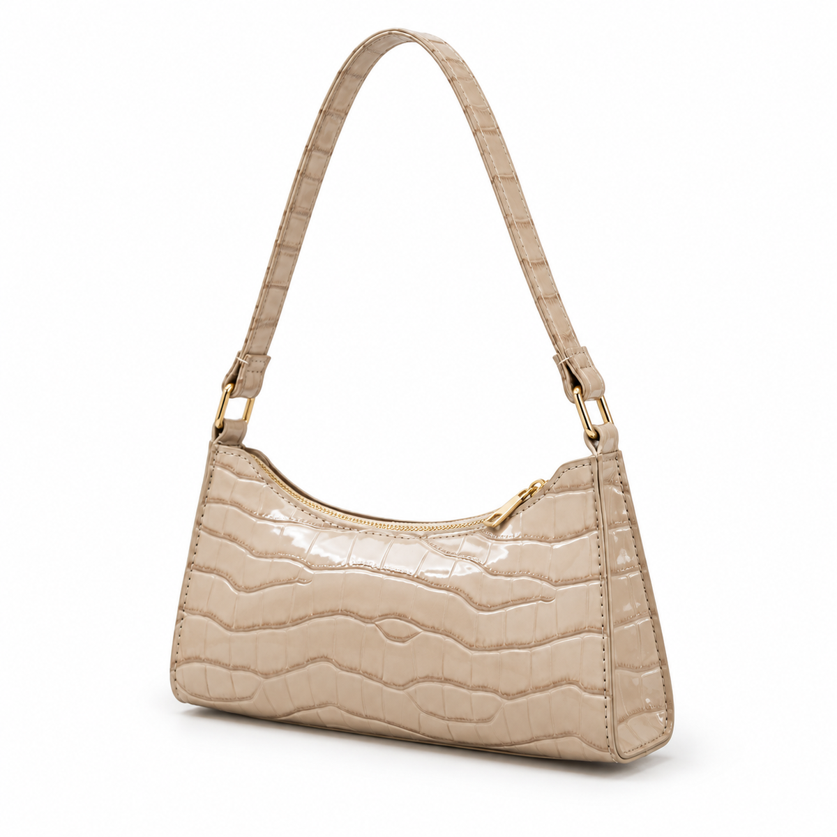 Glossy Croc Embossed Beige Shoulder Bag-3