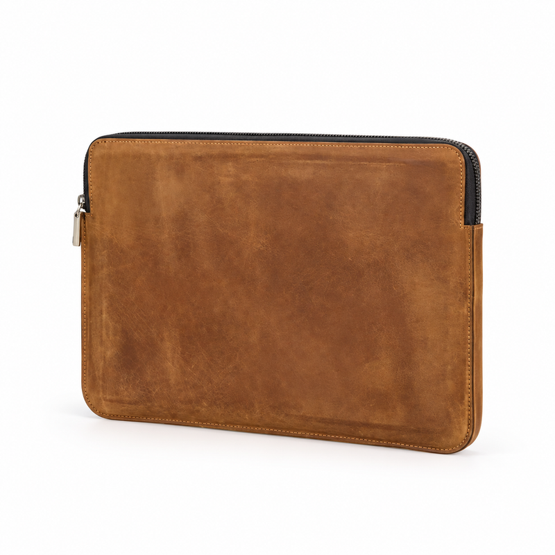 Vintage Brown Leather Zippered Laptop Bag-3