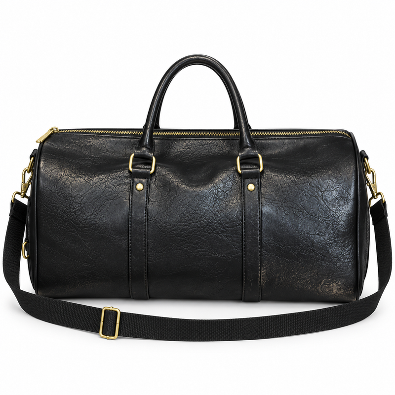 Classic Black Leather Travel Duffel Bag-4