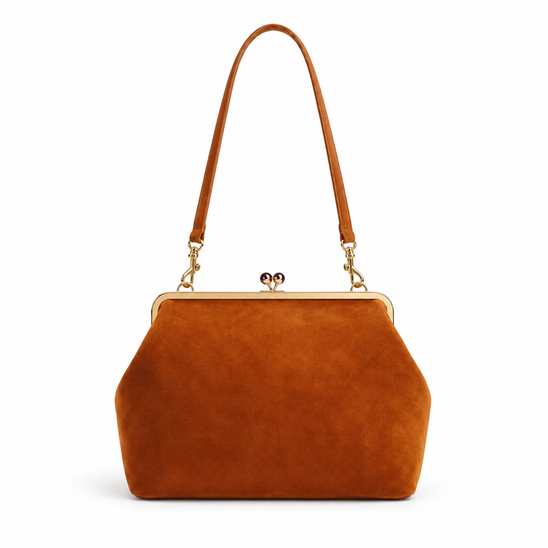 Vintage Cognac Kiss Lock Clutch Bag-4
