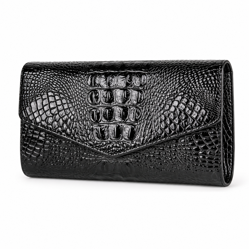 Black Crocodile Embossed Envelope Evening Clutch-3