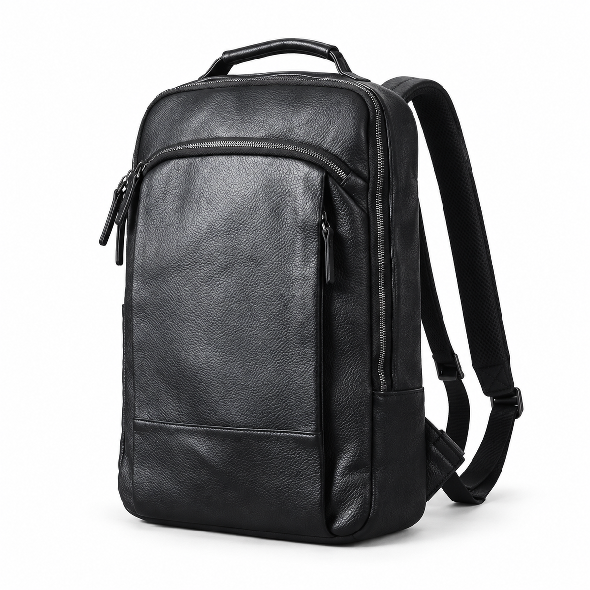Black Textured Backpack With Zippered Pockets-3