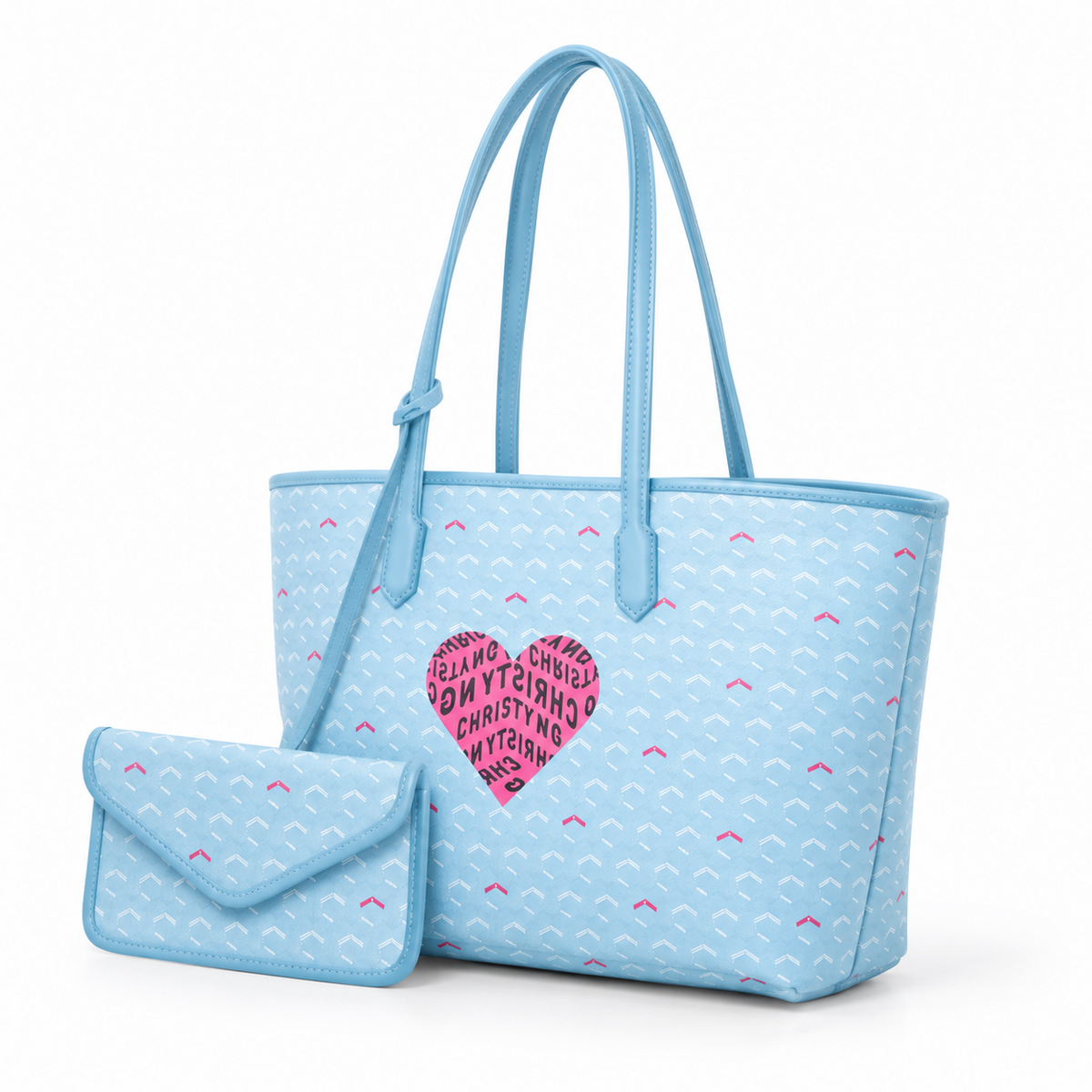 Sky Blue Heart Pattern Tote Set-4