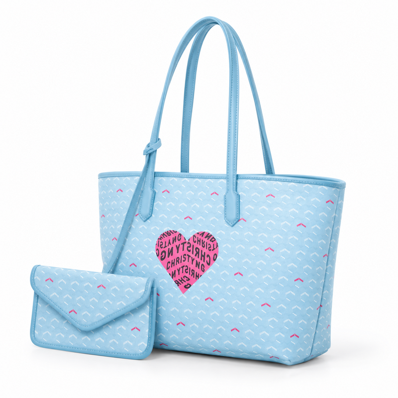 Sky Blue Heart Pattern Tote Set-4