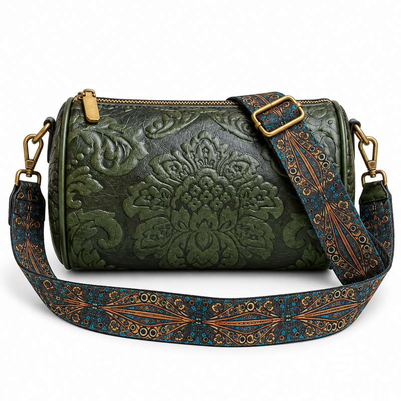 Olive Green Embossed Barrel Vintage Crossbody Bag-4