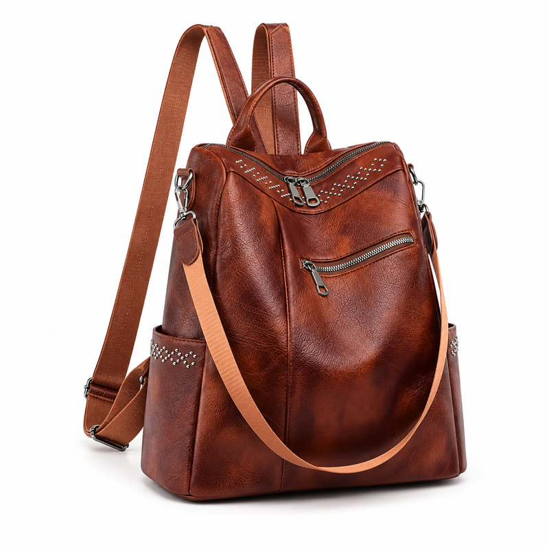 Vintage Brown Studded Convertible Backpack Bag-1