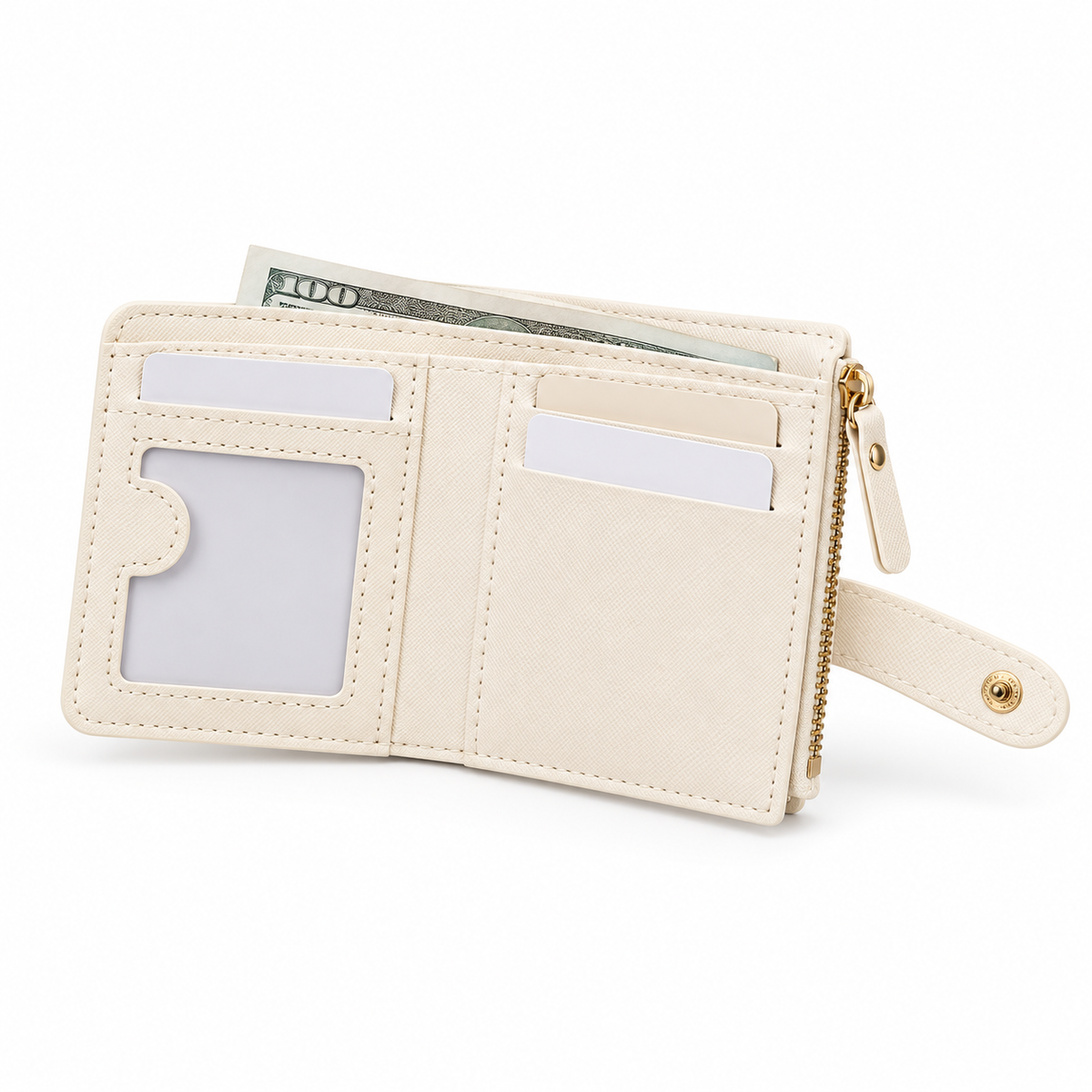 Ivory Compact Bifold Wallet With Zippers