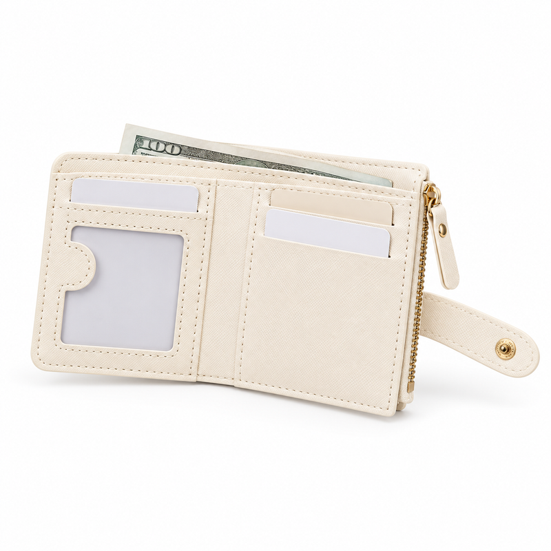 Ivory Compact Bifold Wallet With Zippers-2
