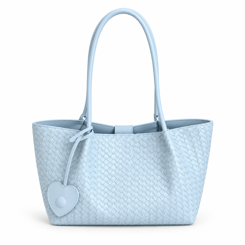 Light Blue Woven Heart Charm Tote-4