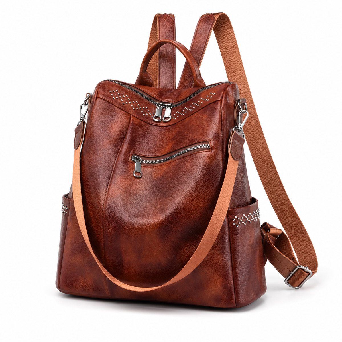 Vintage Brown Studded Convertible Backpack Bag-3