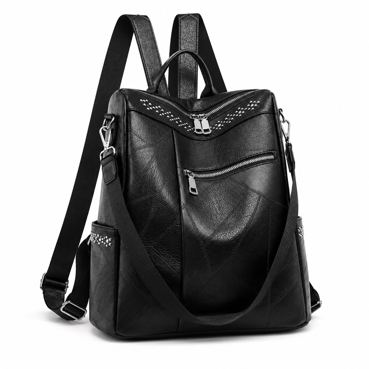 Black Textured Backpack With Studded Details-1