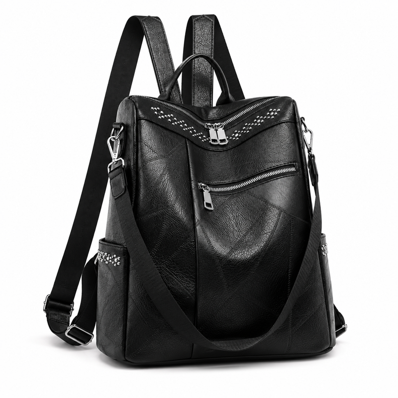 Black Textured Backpack With Studded Details-1