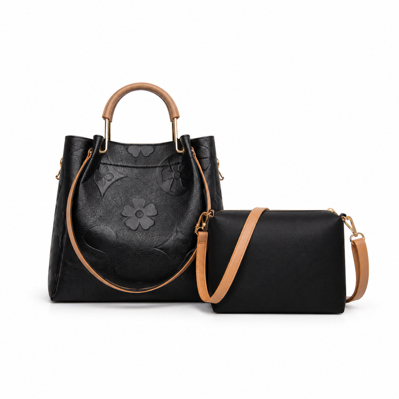 Black Embossed Tote Crossbody Handbag Set-6