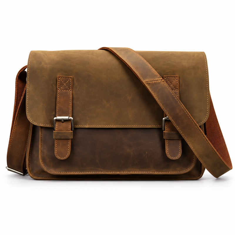 Vintage Brown Messenger Bag With Buckles-4