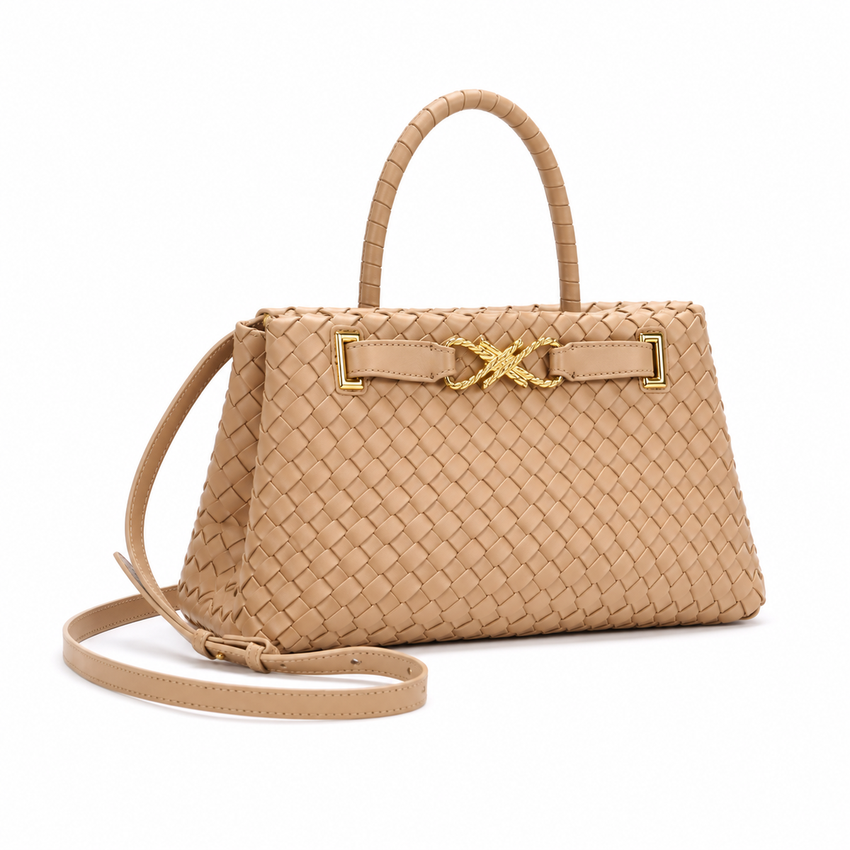 Elegant Camel Woven Top Handle Handbag