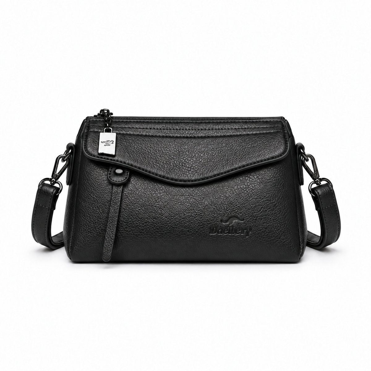 Black Textured Leather Crossbody Shoulder Bag-2