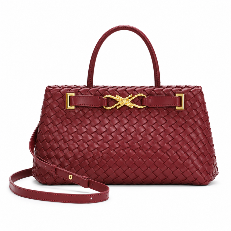 Elegant Burgundy Woven Top Handle Handbag-4