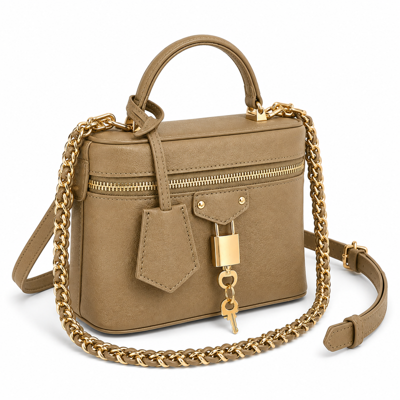 Khaki Structured Vanity Handbag with Gold Chain, Padlock & Key Charm-4