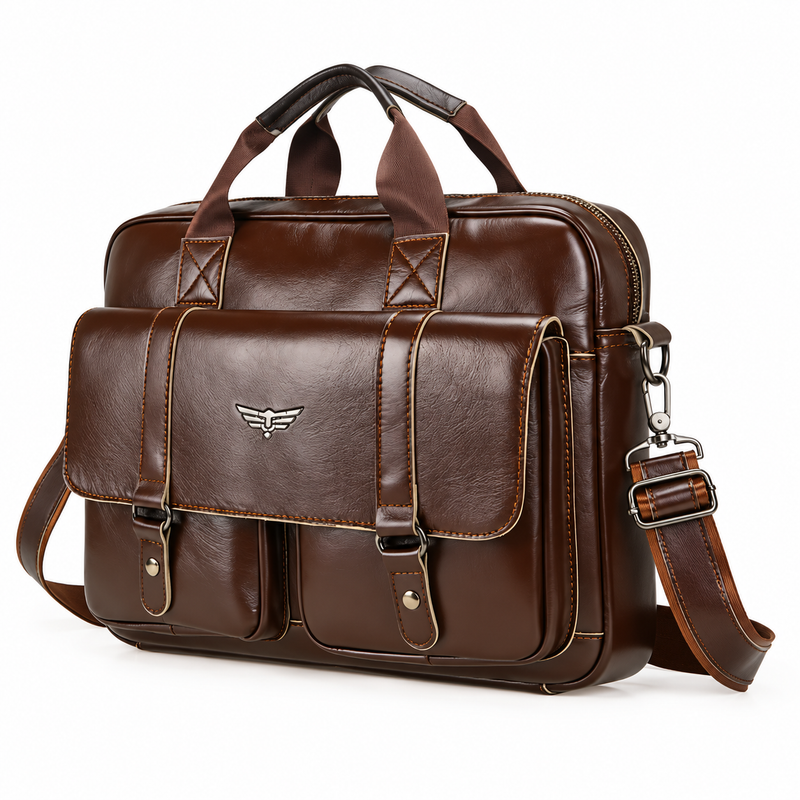 Classic Brown Leather Briefcase With Pockets-3