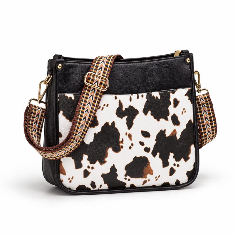 Black Cow Print Adjustable Crossbody Bag-1