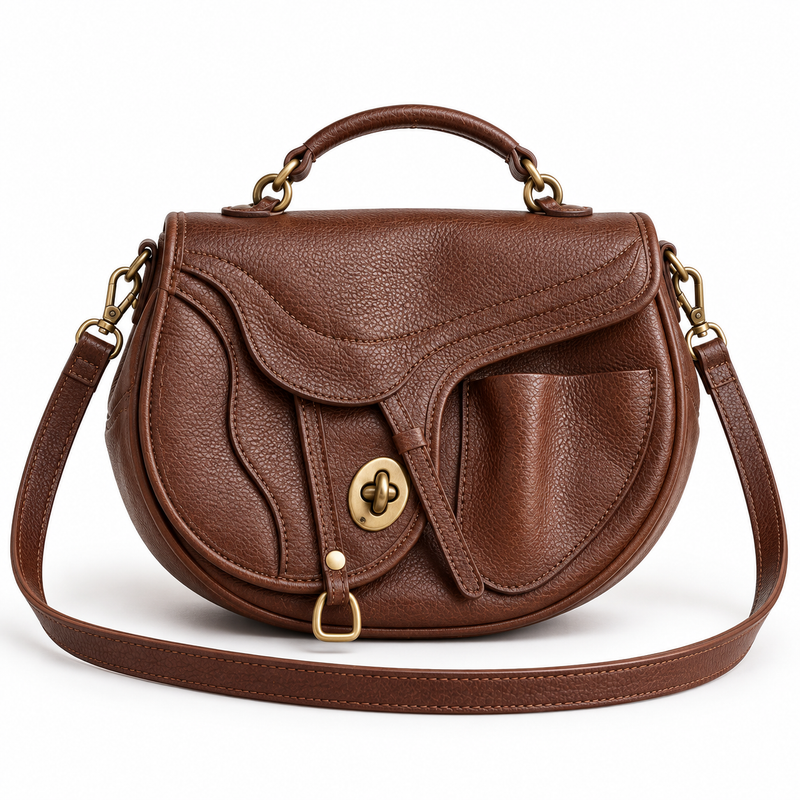 Vintage Coffee Brown Saddle Crossbody Bag-4
