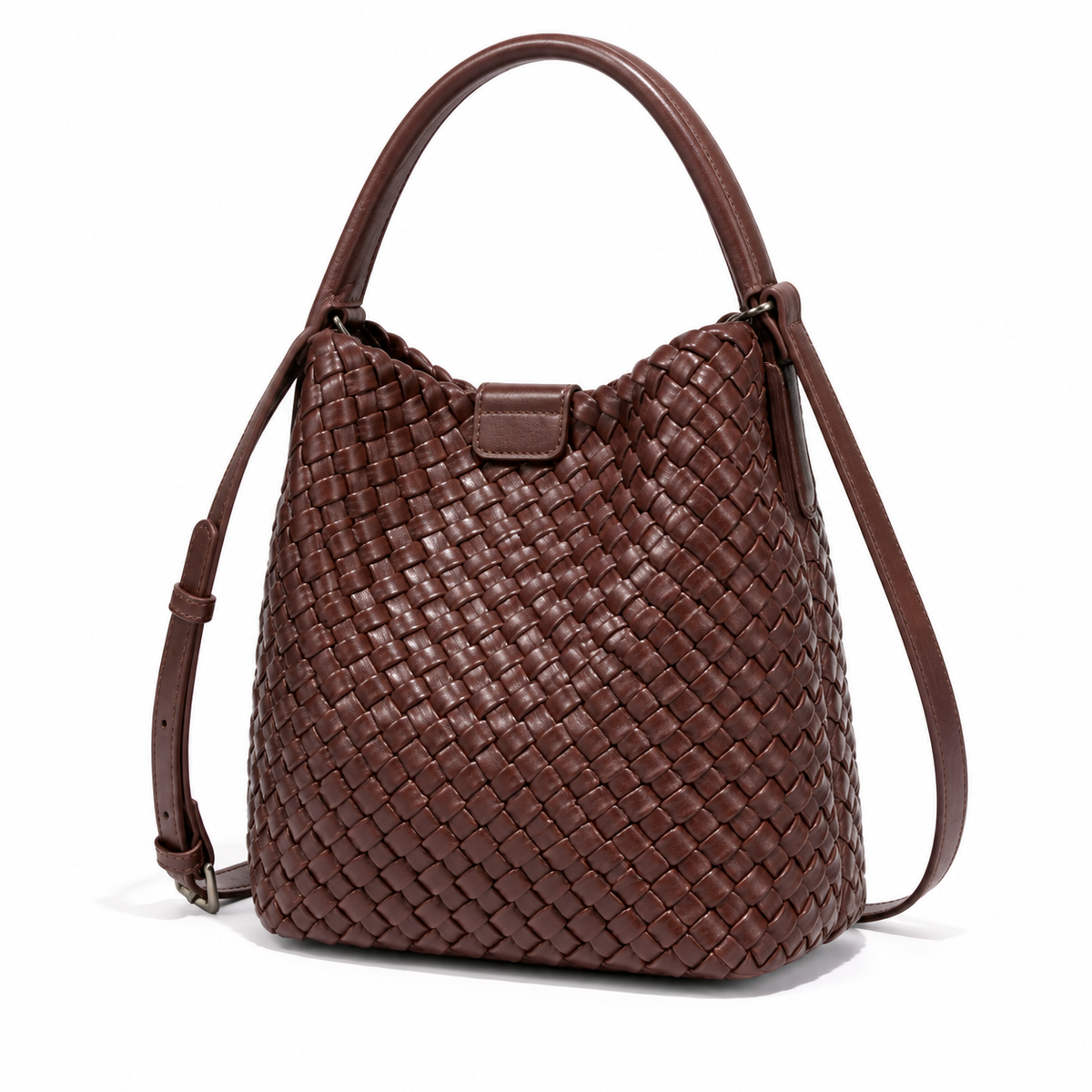Chocolate Brown Woven Bucket Shoulder Bag-4